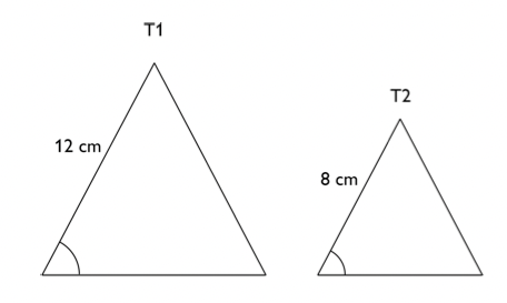 Trianglarna $T1$ och $T2$ är likformiga. Arean av $T1$ är $72$ cm 2 . Vilken area har $\boldsymbol{T2}$?