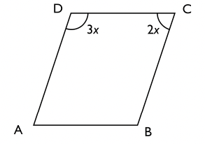 $ABCD$ är en parallellogram där vinkeln $C$ är $2x$ grader och vinkeln $D$ är $3x$ grader. Vad är $\boldsymbol{x}$?