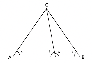 Bestäm summan av vinklarna $\boldsymbol{s, t, u}$ och $\boldsymbol{v}$.