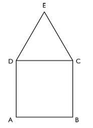 $\boldsymbol{ABCD}$ är en kvadrat och $\boldsymbol{CDE}$ är en liksidig triangel. Arean av $\boldsymbol{ABCD}$ är $\boldsymbol{36 \text{ cm}^2}$.