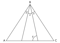 $ABC$ är en triangel. Vinkeln $ABC$ delas i tre lika stora vinklar $x.$ Hur stor är vinkeln $\boldsymbol{y?}$
