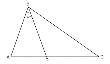 I triangeln $ABC$ är $AB = BD = DC$. $D$ är en punkt på sträckan $AC$. Vinkeln $ABD$ är $32^o$. Hur stor är vinkeln $\boldsymbol{ABC}$?