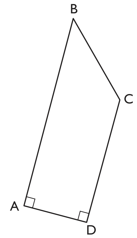 I fyrhörningen ABCD är vinklarna DAB och CDA räta. Längden av sidan BC är 3 cm, längden av sidan CD är 4 cm och längden av sidan AD är 2 cm.