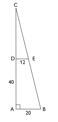 I den rätvinkliga triangeln $ABC$ är $DE$ parallell med $AB$. $AB$ är $20$ cm. $DE$ är $12$ cm och $AD$ är $40$ cm. Hur lång är $\boldsymbol{CD}$?