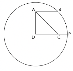 Kvadraten $\boldsymbol{ABCD}$ är inritad i en cirkel. Punkten $\boldsymbol{D}$ är cirkelns medelpunkt. Punkterna $\boldsymbol{B}$ och $\boldsymbol{P}$ ligger på cirkeln.