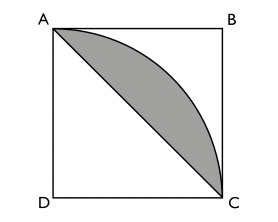 ABCD är en kvadrat med sidan 10 cm. Cirkelbågen AC utgör en fjärdedel av en cirkel med medelpunkten i D. Vad är arean av det skuggade området som begränsas av diagonalen AC och cirkelbågen AC?
