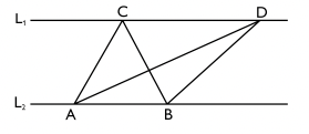 $\boldsymbol{L_1}$ och $\boldsymbol{L_2}$ är parallella linjer. $\boldsymbol{A, B, C}$ och $\boldsymbol{D}$ är punkter på dessa linjer. $\boldsymbol{AD}$ är längre än $\boldsymbol{AC.}$
