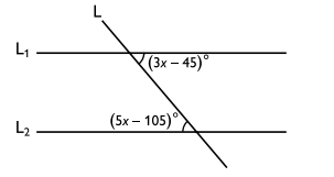 Linjerna $L_1$ och $L_2$ är parallella och linjen $L$ skär $L_1$ och $L_2$. Vad är $\boldsymbol{x}$?