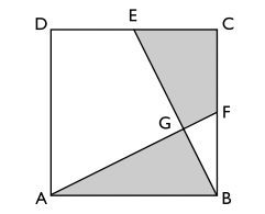 I kvadraten $\boldsymbol{ABCD}$ ligger punkten $\boldsymbol{E}$ mitt på $\boldsymbol{CD}$ och punkten $\boldsymbol{F}$ mitt på $\boldsymbol{BC.}$ $\boldsymbol{AF}$ och $\boldsymbol{BE}$ skär varandra i punkten $\boldsymbol{G.}$