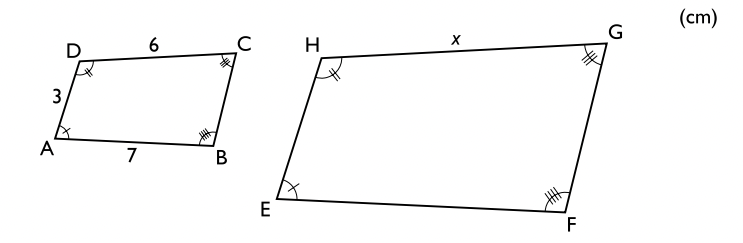 Fyrhörningen $ABCD$ och $EFGH$ är likformiga. Vilket värde har $\boldsymbol{x?}$