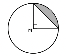 Cirkelns radie är 2 cm och M är cirkelns medelpunkt. Hur stor är arean av det skuggade cirkelsegmentet?