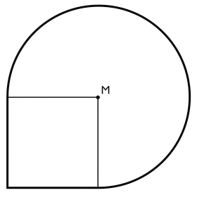 En figur är sammansatt av en kvadrat med sidan 4 cm och en cirkelsektor med medelpunkten M och radien 4 cm. Vad är arean av figuren?