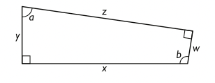 För fyrhörningen nedan gäller att $\boldsymbol{0^o \lt{} a \lt{}90^o}$ och $\boldsymbol{90^o \lt{} b \lt{} 180^o}$