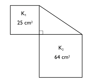 $K_1$ och $K_2$ är två kvadrater med areorna $25 cm^2$ respektive $64 cm^2$ . En sida i $K_1$ och en sida i $K_2$ utgör kateterna i en rätvinklig triangel. Hur stor är triangelns area?