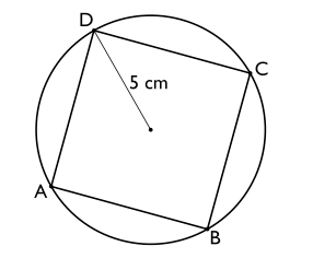 Kvadraten ABCD har hörnen på en cirkel med radien 5 cm. Hur stor andel av cirkelns yta täcks av kvadratens yta?