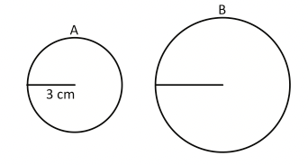 Cirkeln A har radien $3\,cm$, och dess area är $1/4$ av arean av cirkeln B. Hur stor radie har cirkeln B?