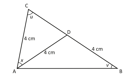 ABC är en triangel. Punkten D ligger på BC. Ströckorna AC, AD och BD är 4 cm långa. Hur stor är vinkeln $x$?