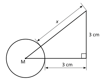 Cirkeln i figuren har radien $1\, cm.$ Punkten $M$ är cirkelns medelpunkt. Vad är $\boldsymbol{x?}$