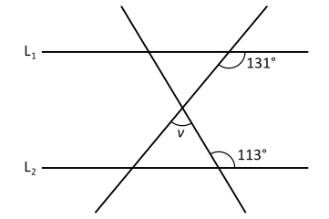 $L_1$ och $L_2$ är parallella linjer. Hur stor är vinkeln $\boldsymbol{v?}$