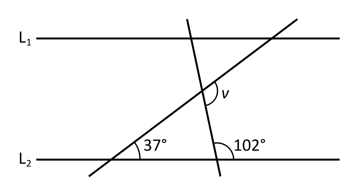 Linjerna $L_1$ och $L_2$ är parallella. Hur stor är vinkeln v?