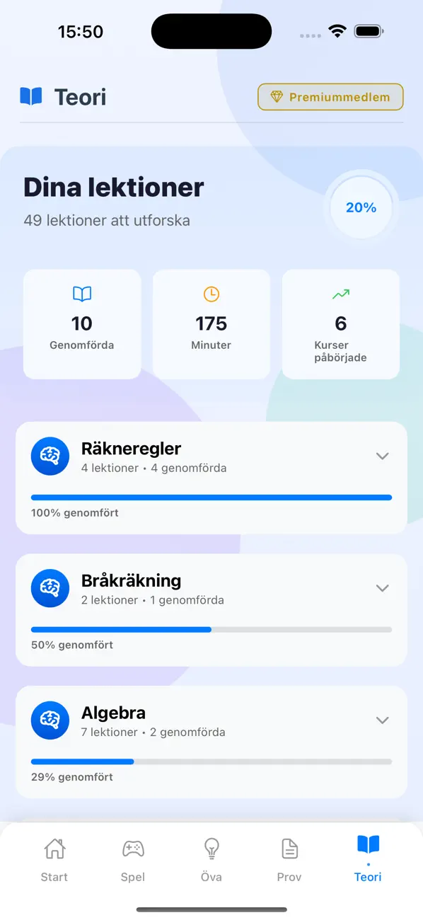 Kursöversikt med lektioner och framsteg i HPKursens app