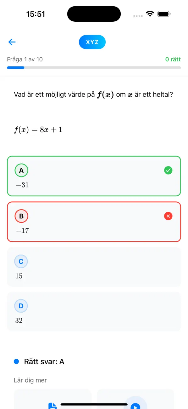 En rättad XYZ fråga med matematisk formel i HPKursens app