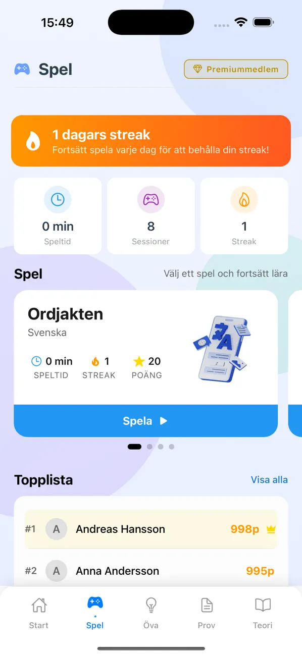Spelöversikt med Ordjakten och aktivitetsstatistik i HPKursens app