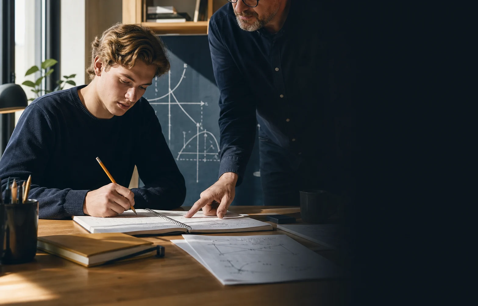 En student och lärare resonerar tillsammans framför grafer och matematiska anteckningar