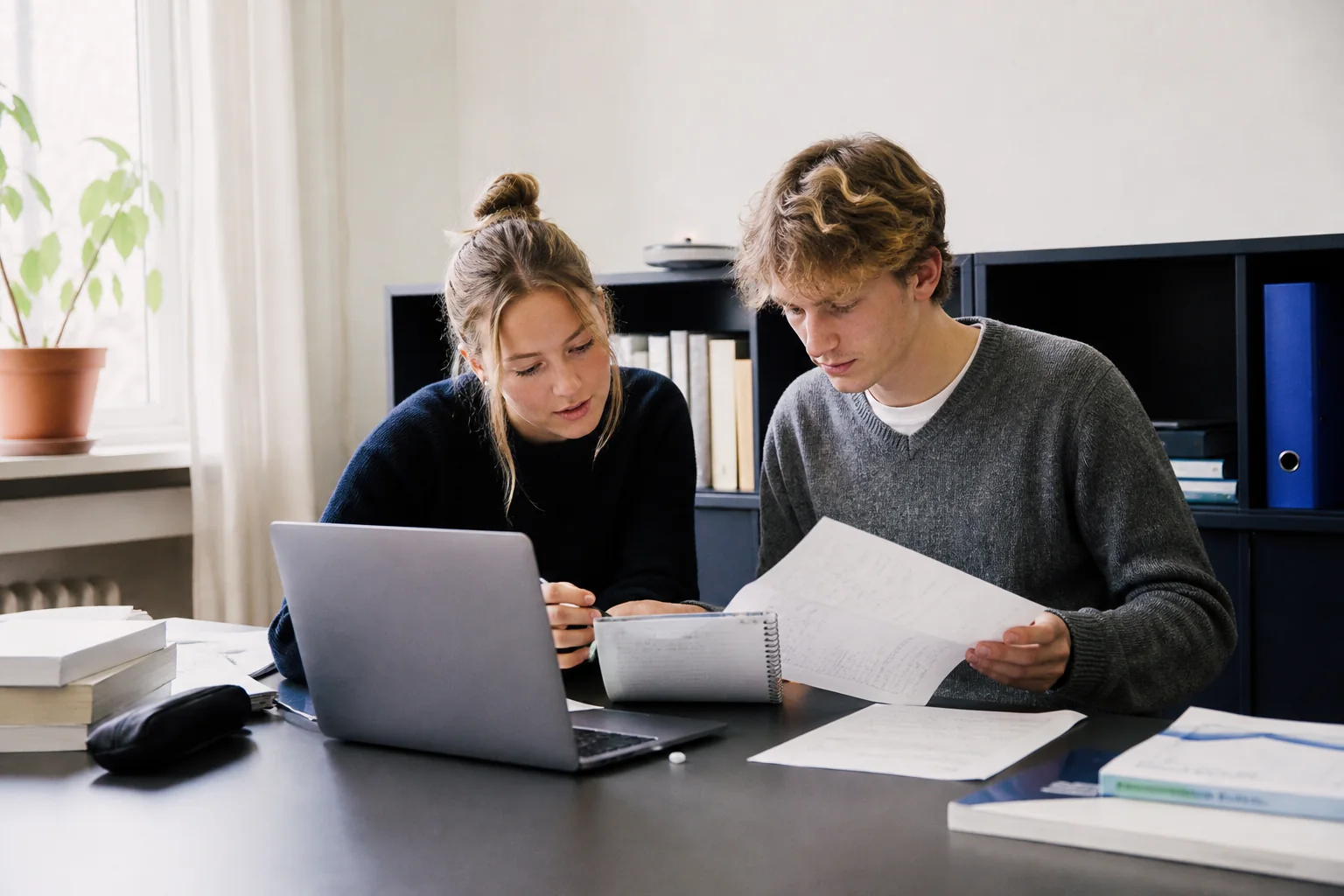 Två studenter jämför kursmaterial och frågor vid ett studiebord