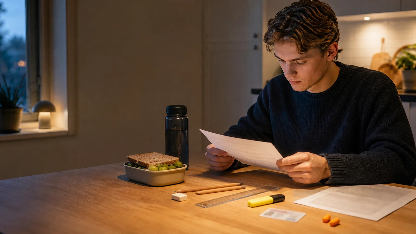 Student som kvällen före högskoleprovet kontrollerar kallelse, legitimation, pennor, linjal och lunch