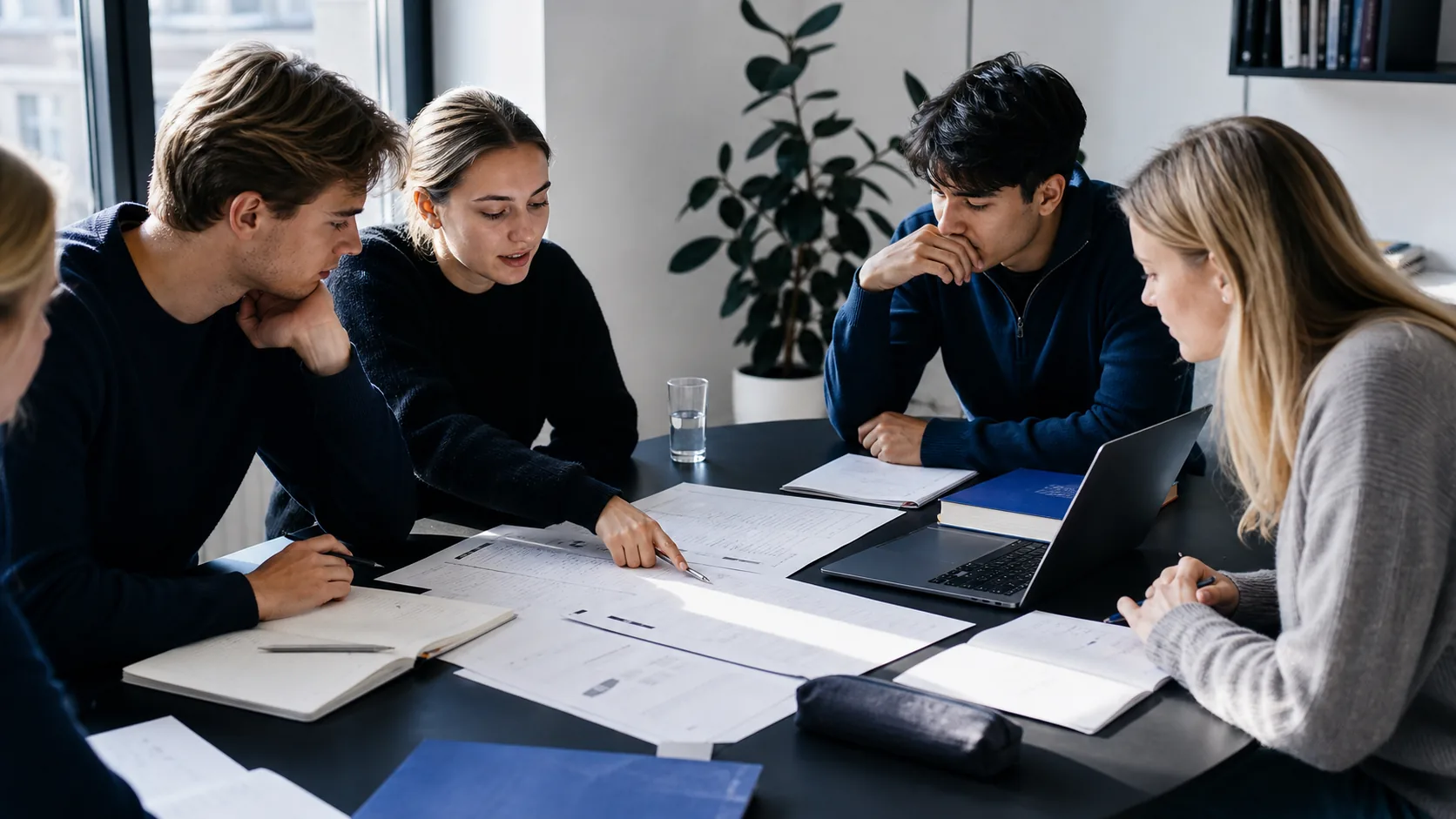 En grupp studenter jämför provmaterial vid ett bord med en bärbar dator