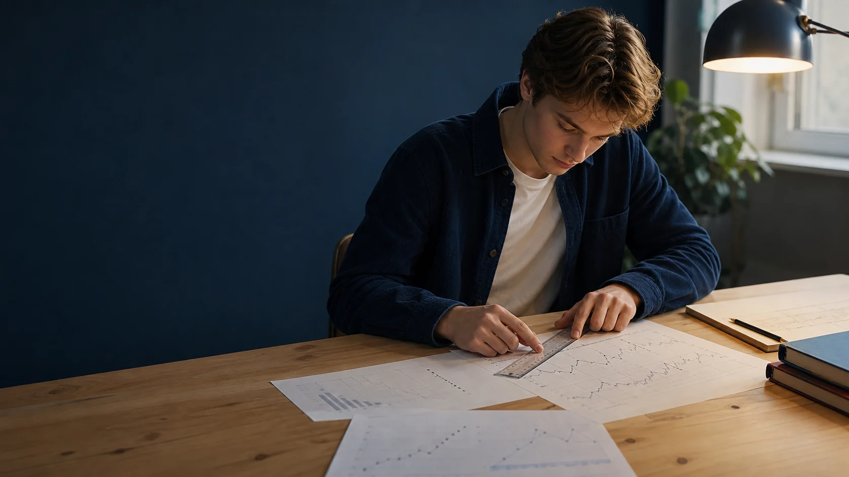 Student som arbetar med färgkodade staplar och linjer på ett stort diagramunderlag inför högskoleprovet