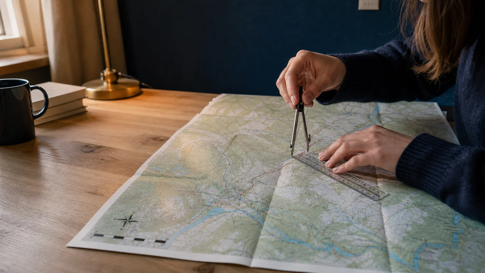 Student som mäter en rutt på ett detaljerat kartunderlag med skalstock och genomskinlig linjal