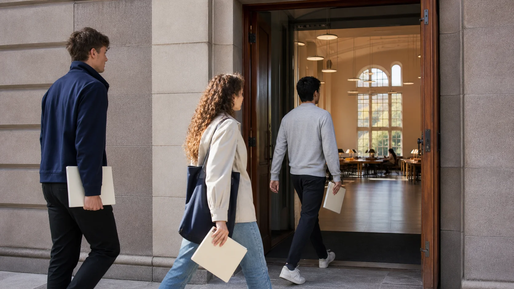 En öppen dörr mot en ljus studiesal där högskoleprovet kan skrivas