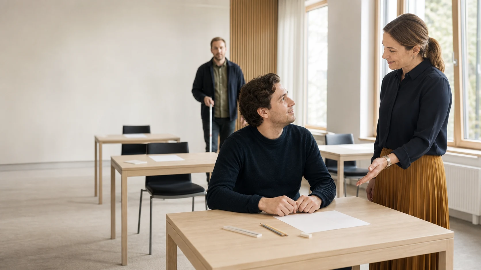 En provdeltagare samtalar med provpersonal medan en annan deltagare med vit käpp kommer in i en tillgänglig provlokal