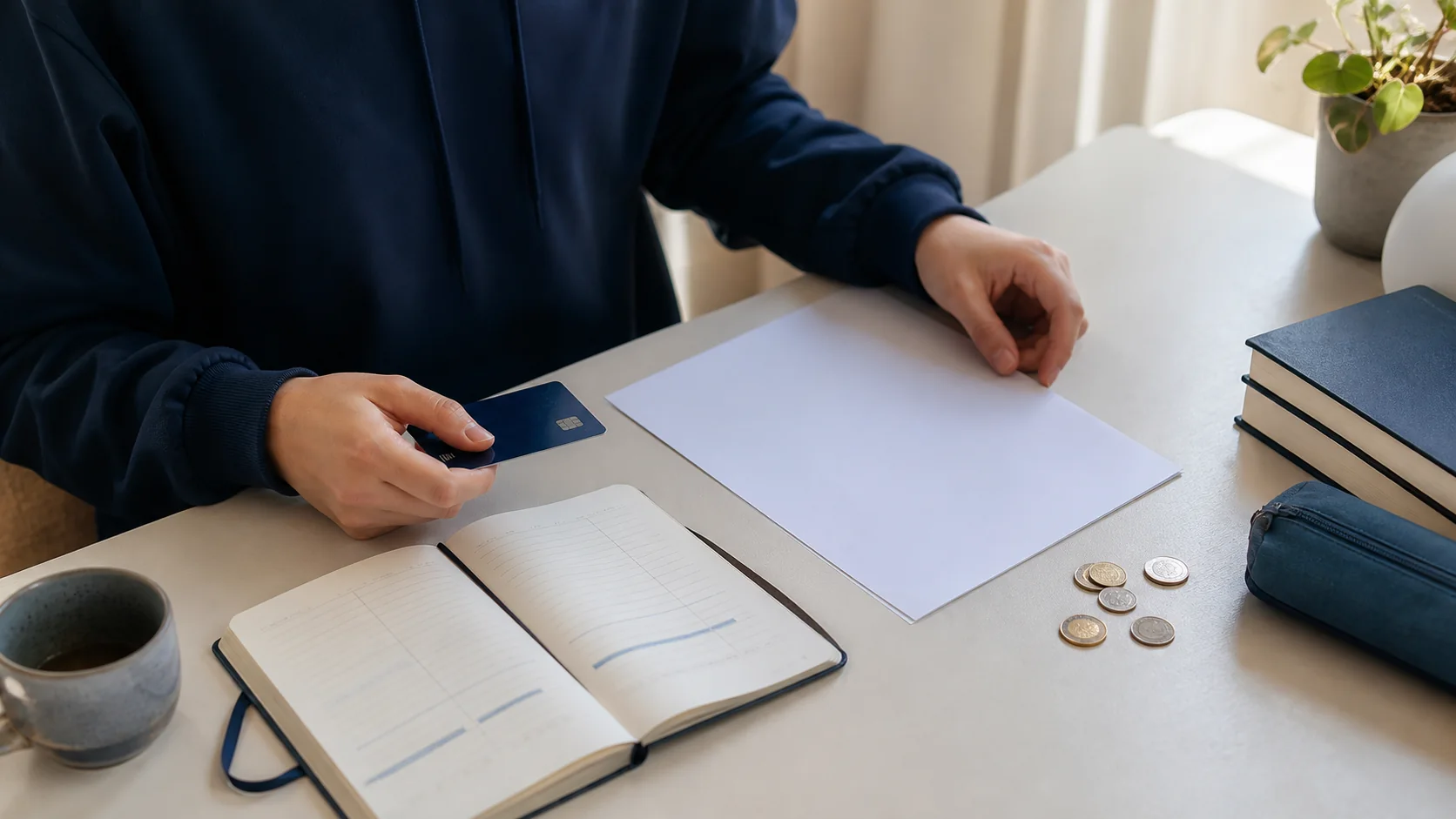 En student planerar kostnaden för högskoleprovet med kalender och plånbok
