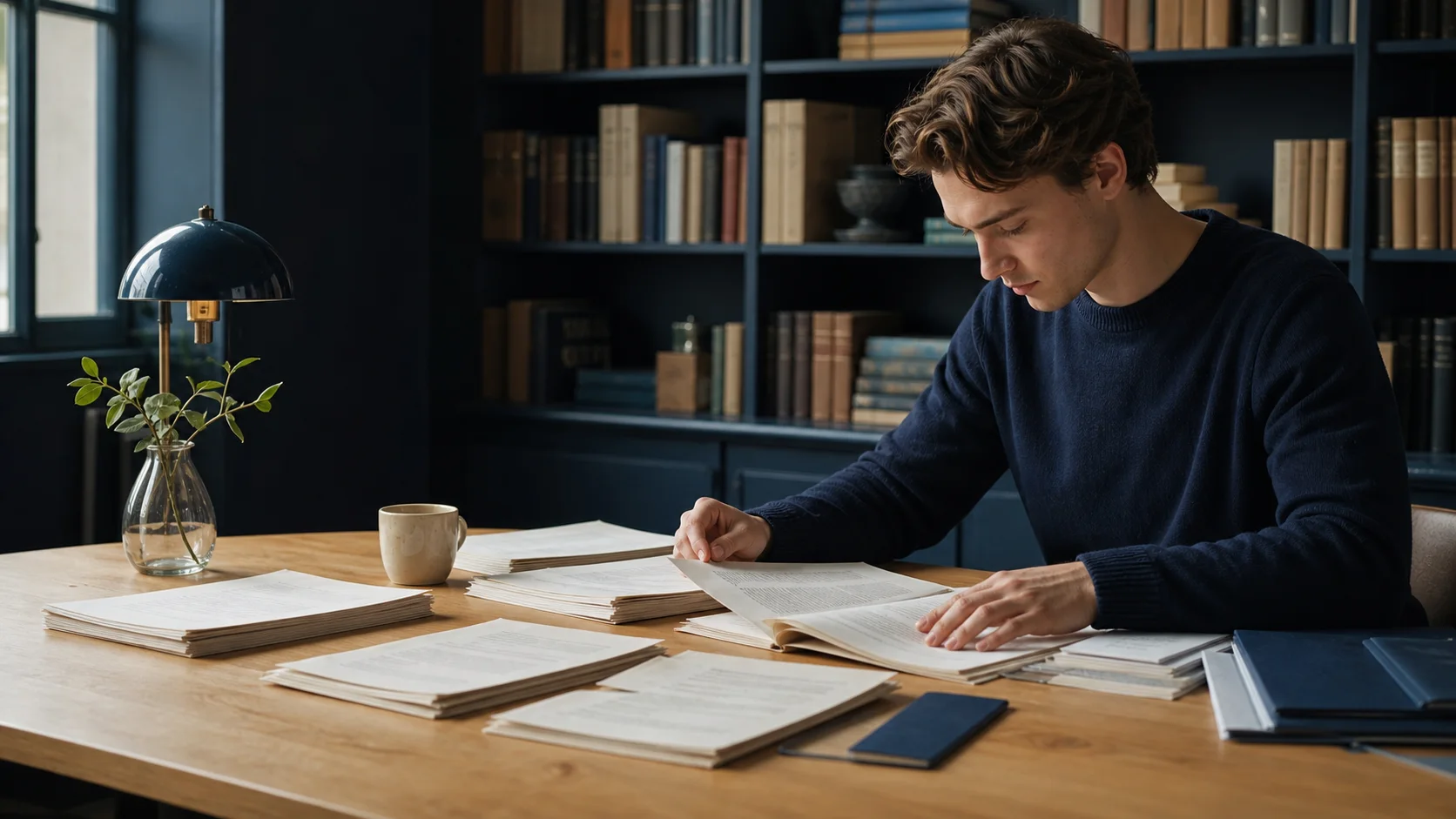Student som ordnar gamla högskoleprov vid ett bord i ett bibliotek