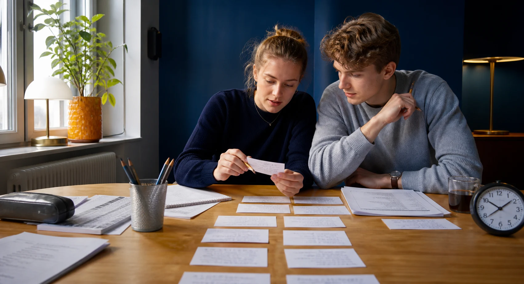 Två studenter sorterar frågor och diskuterar lösningar inför högskoleprovet