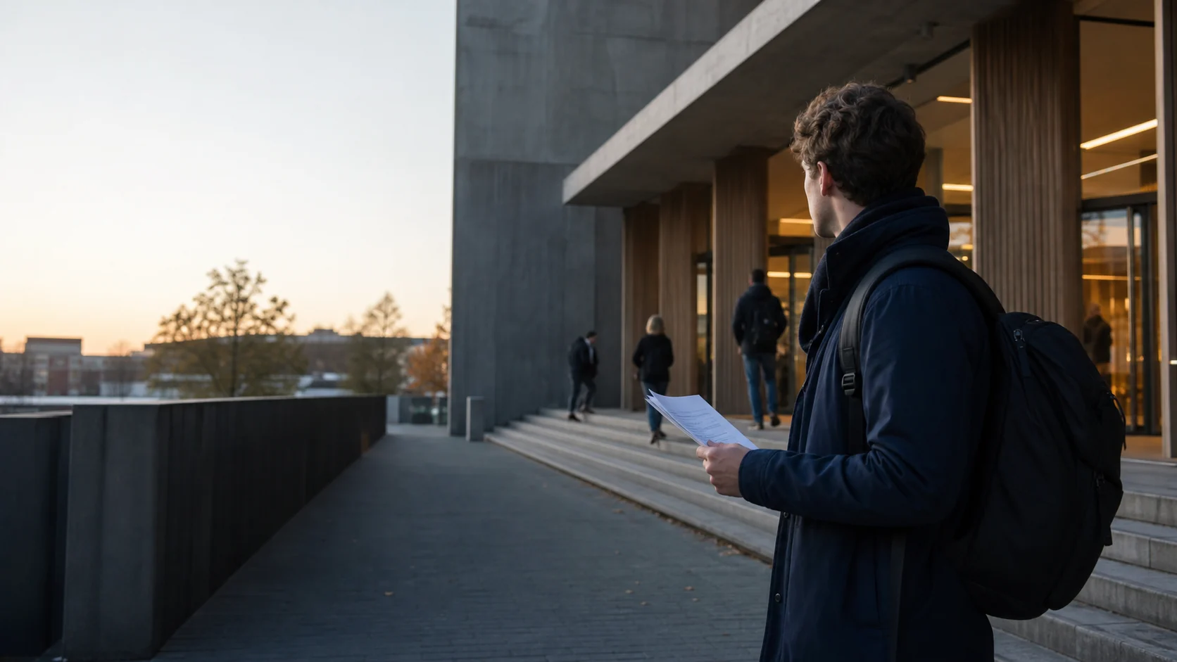 Provskrivare som anländer till provlokalen med sin kallelse