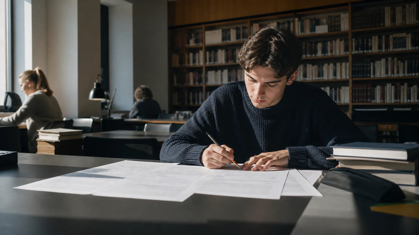 En student arbetar med en komplett svensk text, frågesvar och en egen textkarta