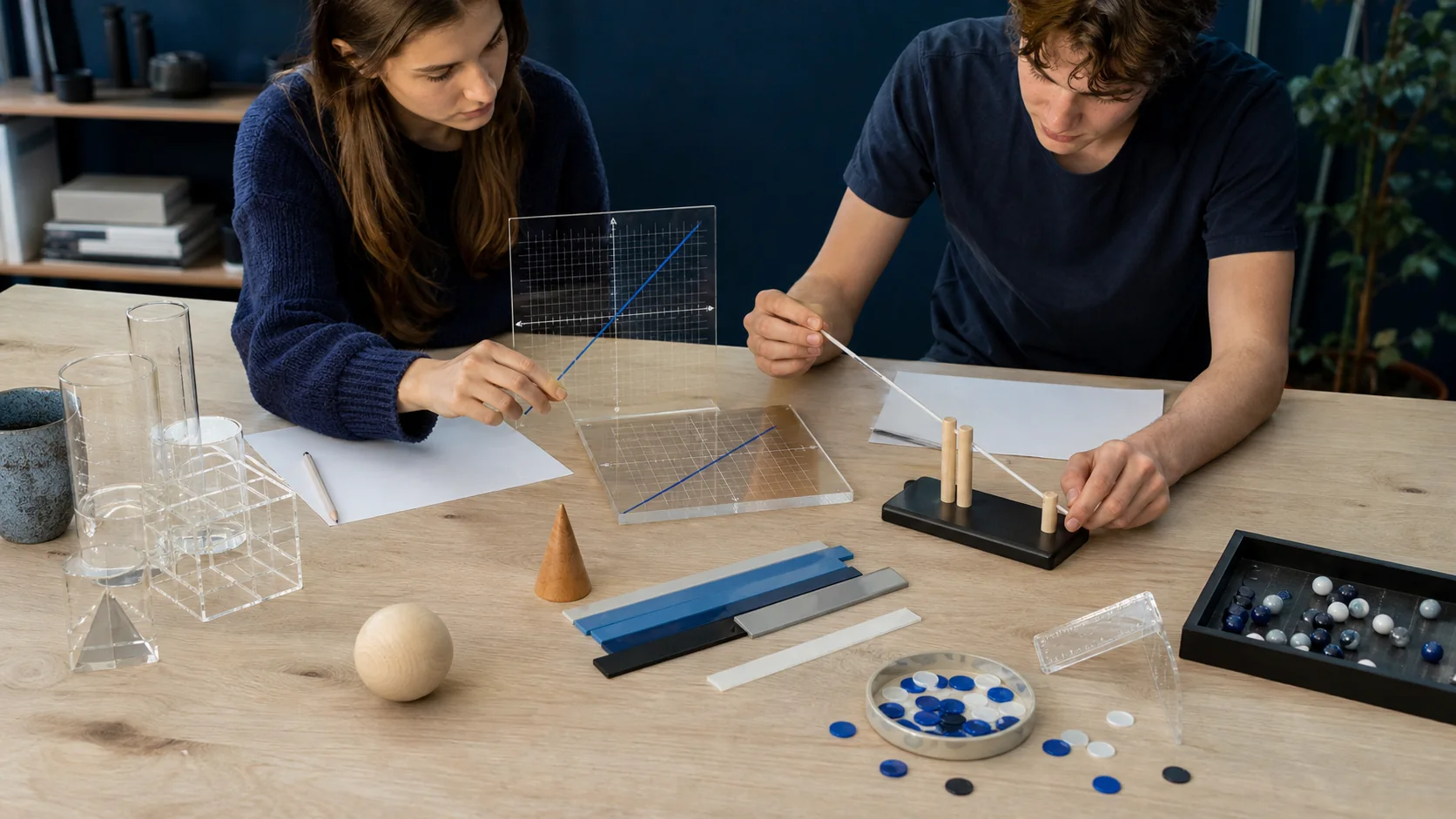 Matematikbord med handskrivna lösningar, geometriska figurer och material för högskoleprovet