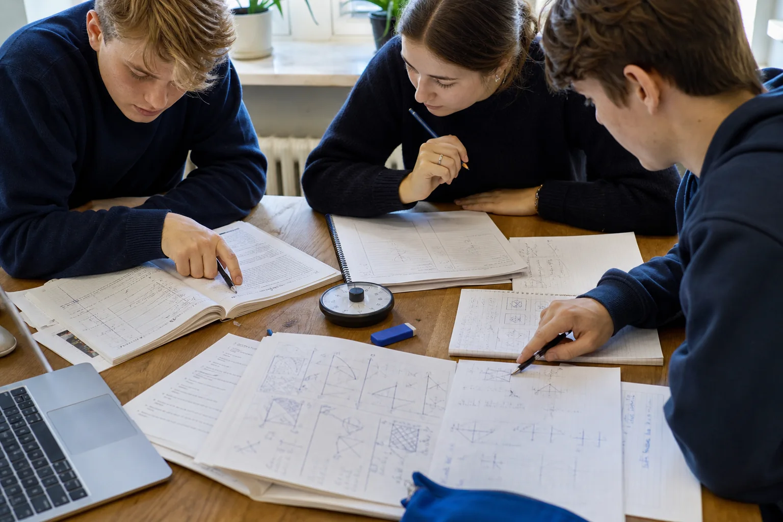 Tre studenter analyserar gamla provfrågor, tid och felorsaker tillsammans