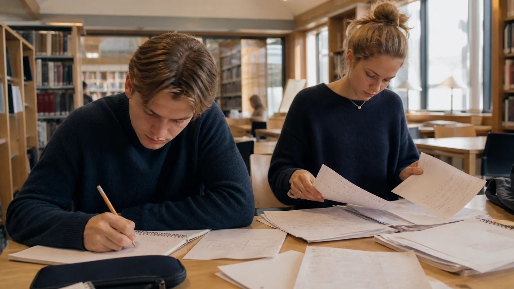 Studenter som arbetar med gamla prov i ett bibliotek