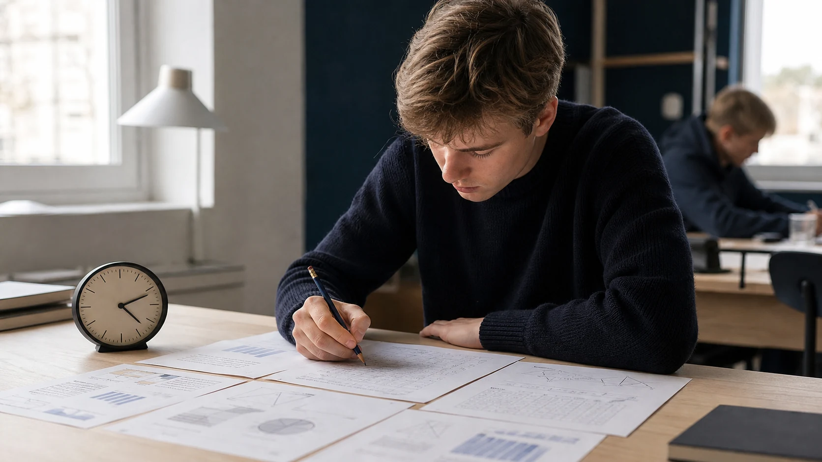 En student löser matematiska uppgifter med diagram, anteckningar och en analog klocka