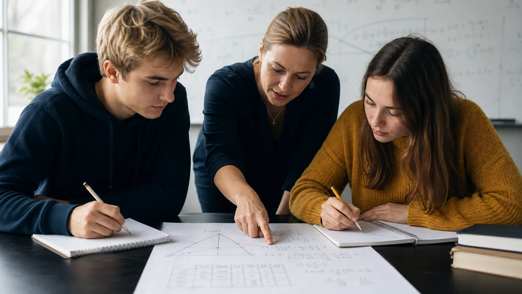 Lärare och två studenter som löser en kvantitativ högskoleprovsfråga tillsammans