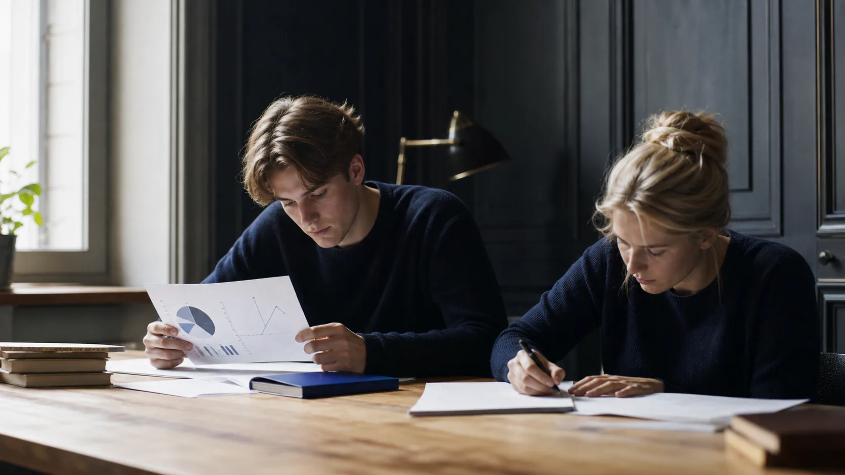 Två studenter analyserar diagram och löser en kvantitativ uppgift tillsammans