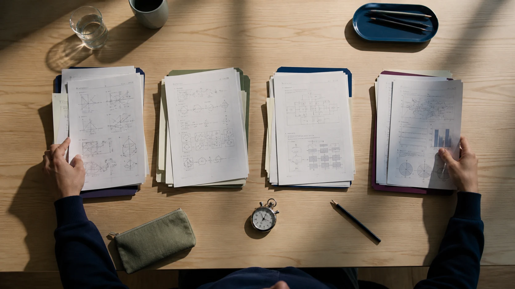 Fyra ordnade högar med kvantitativt studiematerial bredvid ett tidtagarur