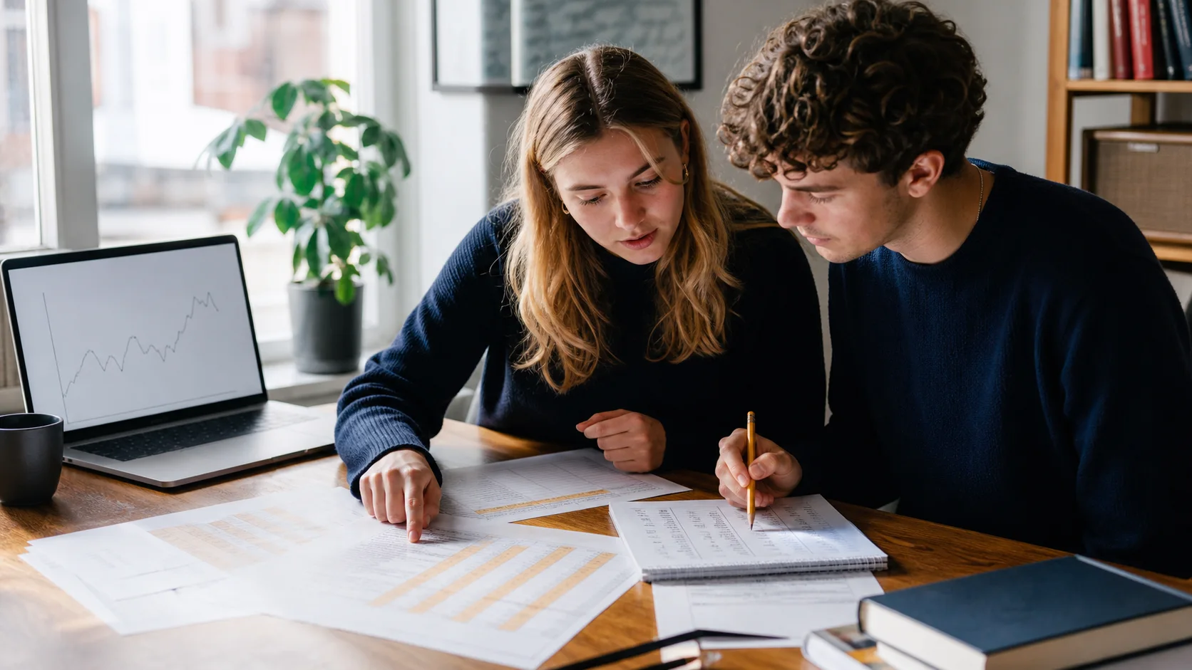 Två studenter jämför råpoäng, normering och möjliga målresultat tillsammans