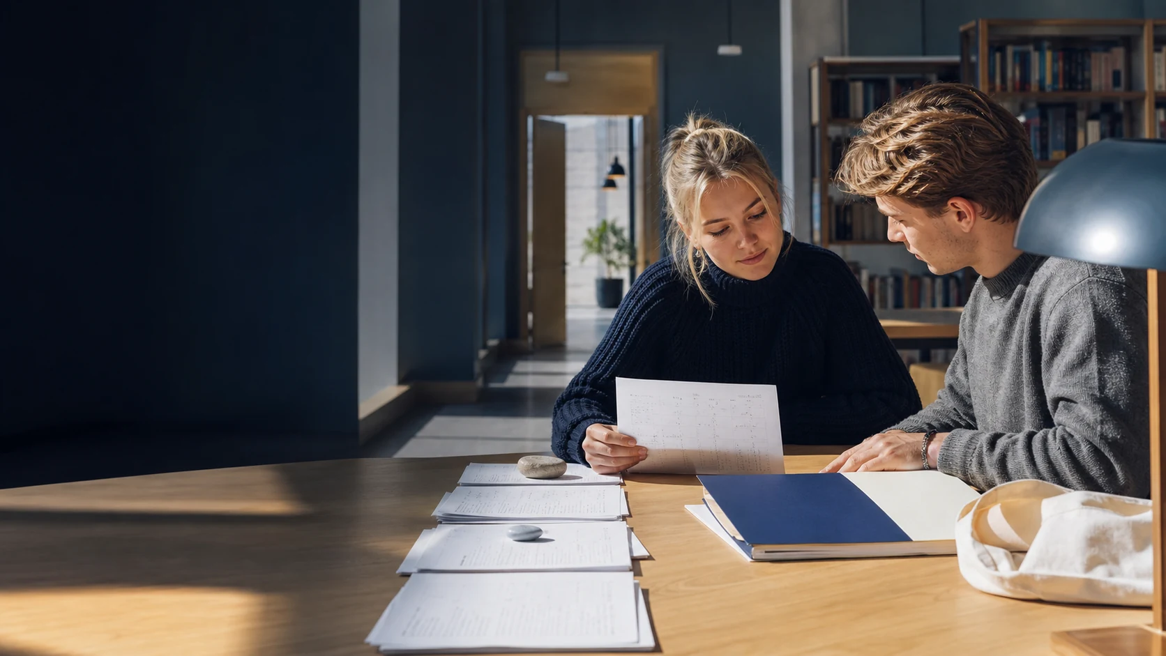 Två studenter jämför ett provresultat och sina studiemeriter i ett svenskt bibliotek