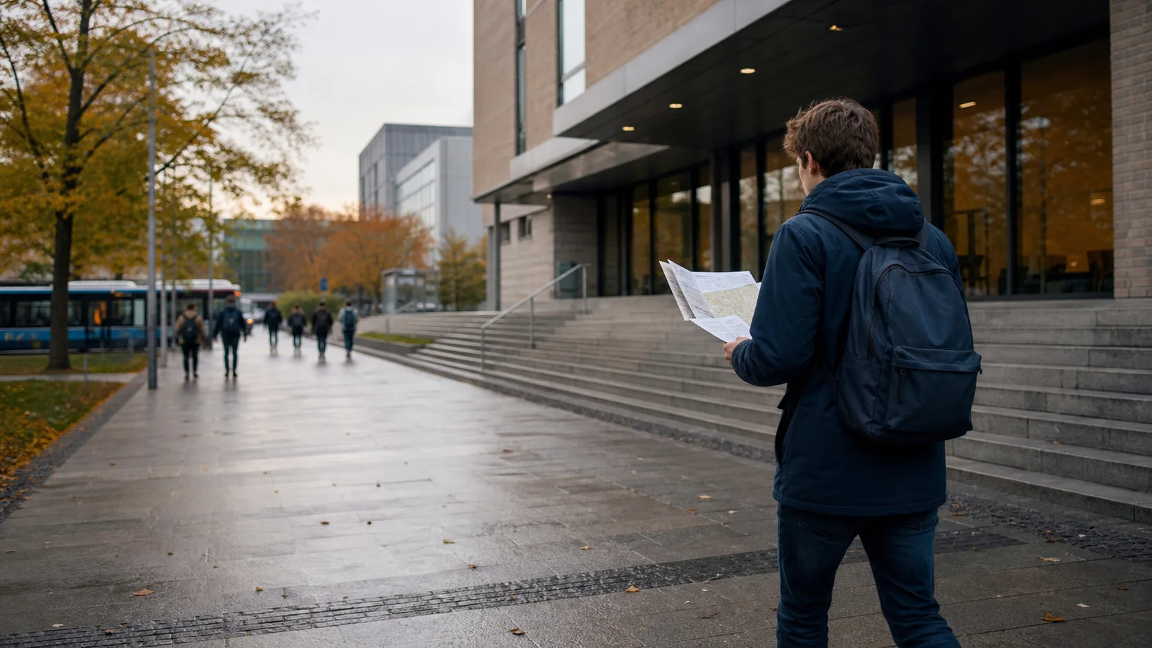 Student som med kallelse och karta hittar till en svensk provlokal på morgonen